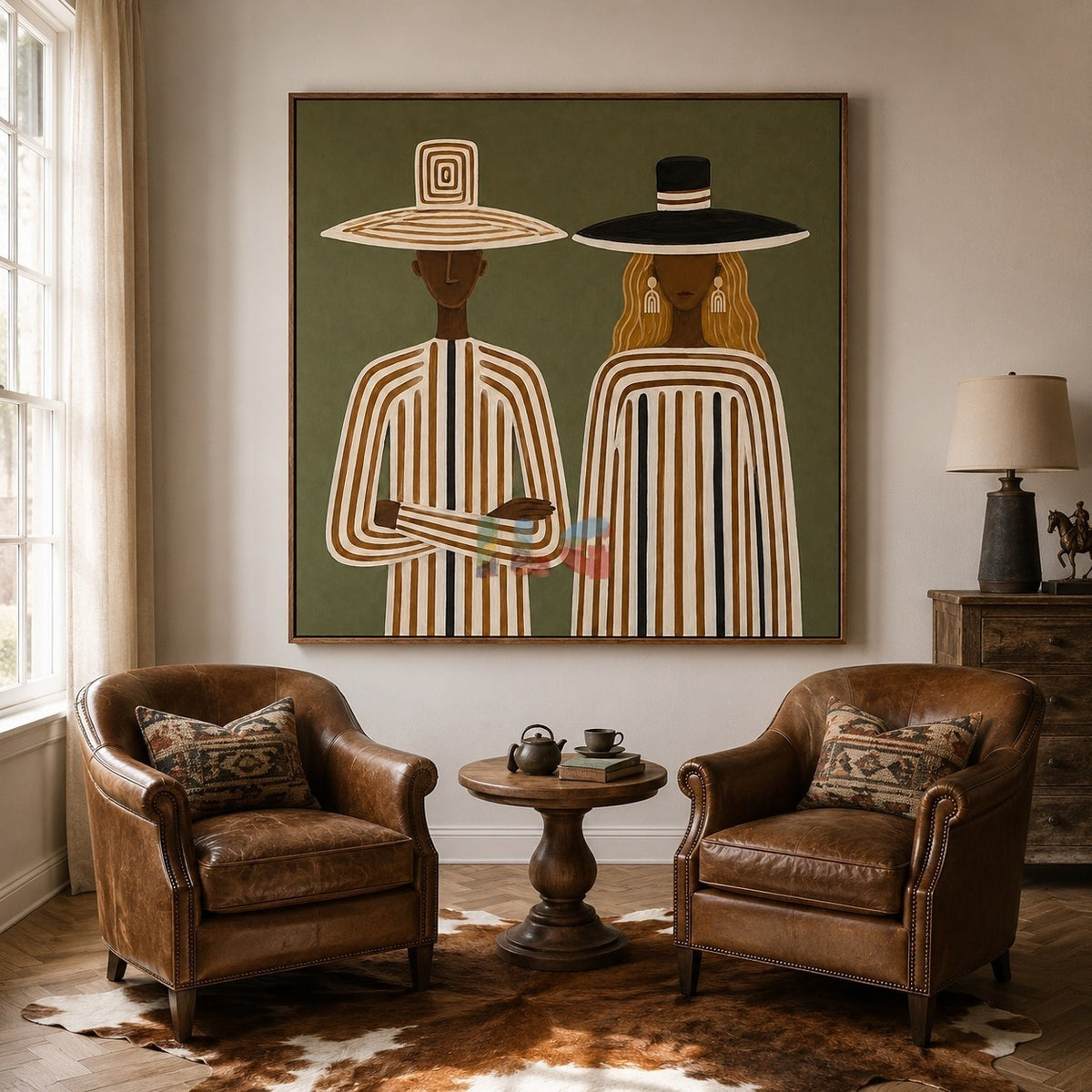 Olive Striped Companions – Contemporary Figurative Wall Art
