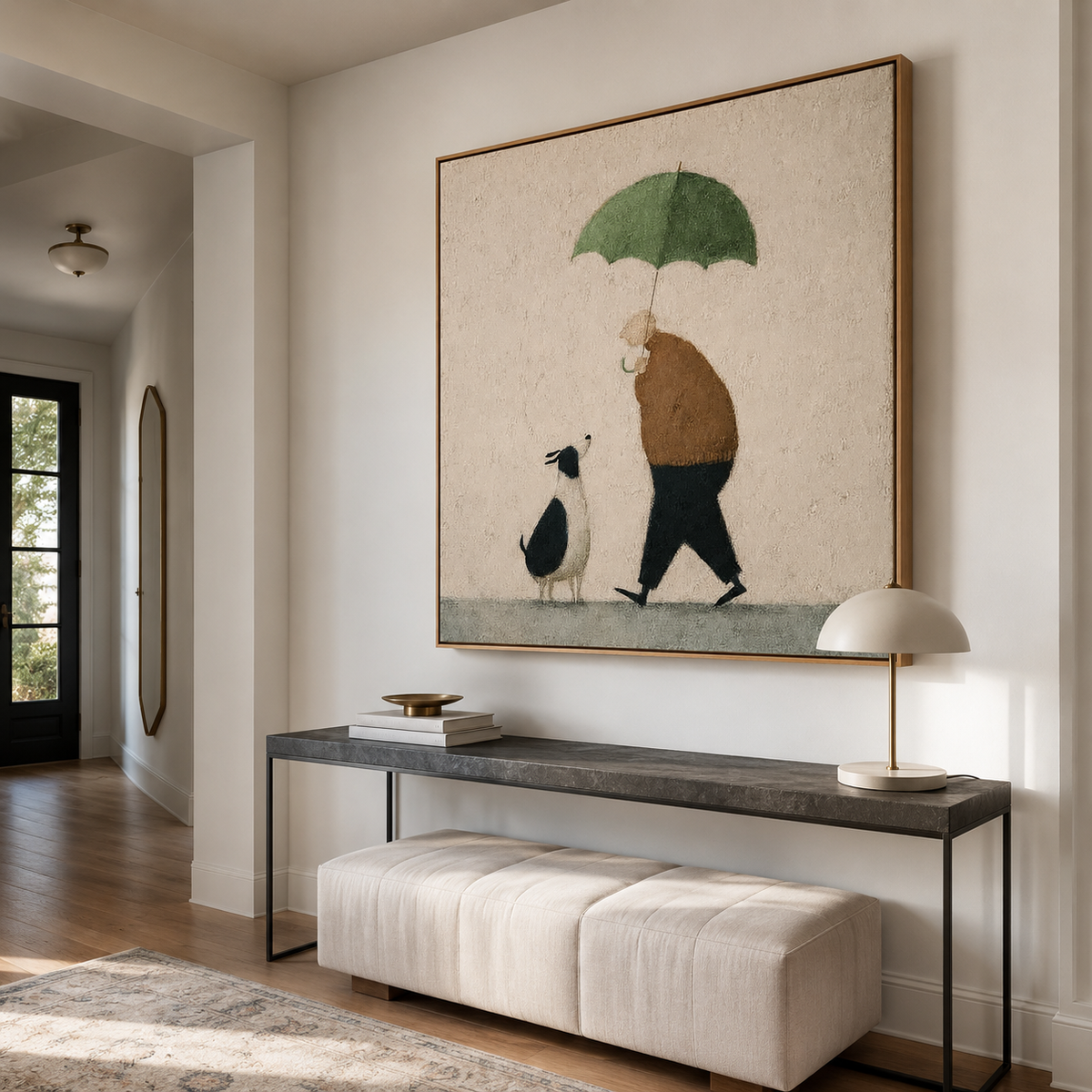 Quiet Walk – Minimalist Rainy Day Figurative Wall Art
