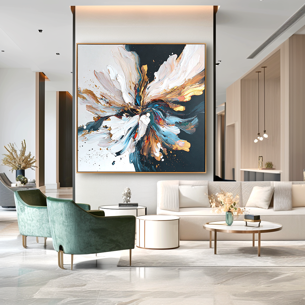 Golden Motion Bloom – Hand-Painted Abstract Floral Wall Art with Bold Texture for Modern Home Decor