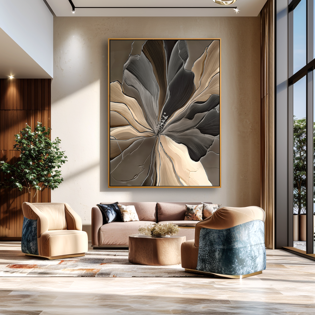 Neutral Textured Flower Wall Art – Hand-Painted Abstract Floral Canvas for Modern Home Decor