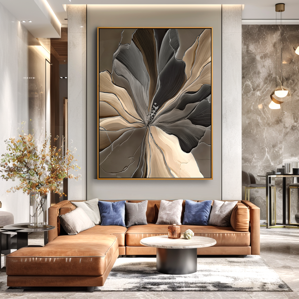 Neutral Textured Flower Wall Art – Hand-Painted Abstract Floral Canvas for Modern Home Decor
