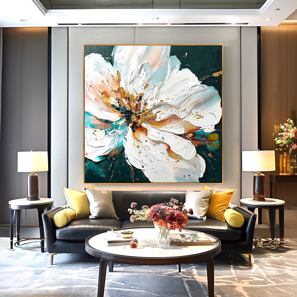 Radiant Stillness – Hand-Painted Abstract Floral Wall Art with Rich Texture for Modern Home Decor