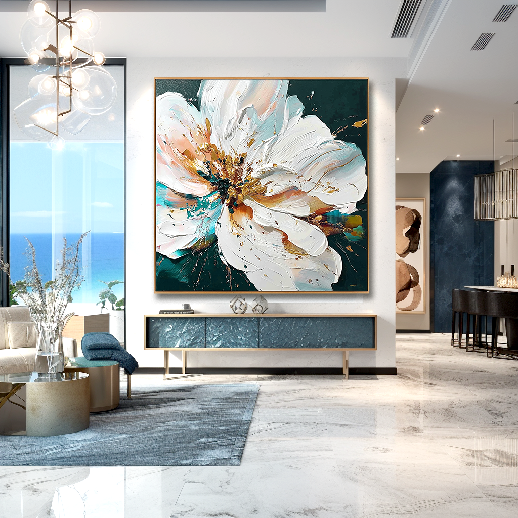 Radiant Stillness – Hand-Painted Abstract Floral Wall Art with Rich Texture for Modern Home Decor