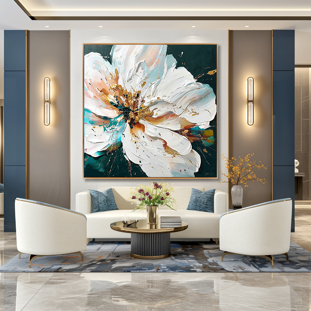 Radiant Stillness – Hand-Painted Abstract Floral Wall Art with Rich Texture for Modern Home Decor