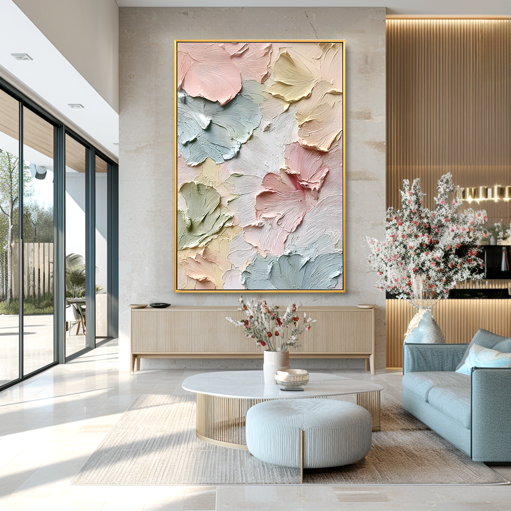 Whispers of Spring Pastel Textured Flower Wall Art Hand-Painted Abstract Floral Canvas for Modern Home Decor