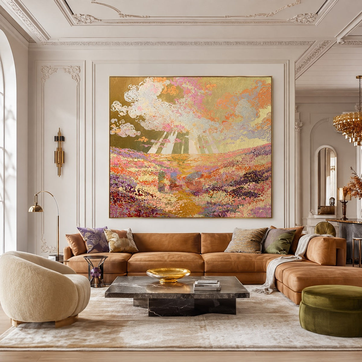 Sunburst Blossom Valley – Colorful Floral Landscape Wall Art