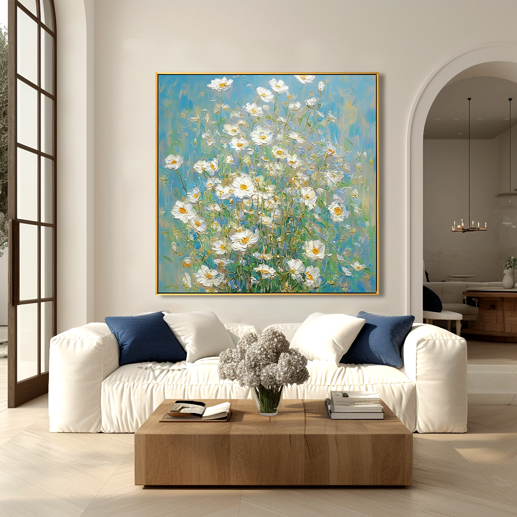 Blue Meadow Bloom – Textured Floral Wall Art, Hand-Painted White Flower Canvas for Modern Home Decor
