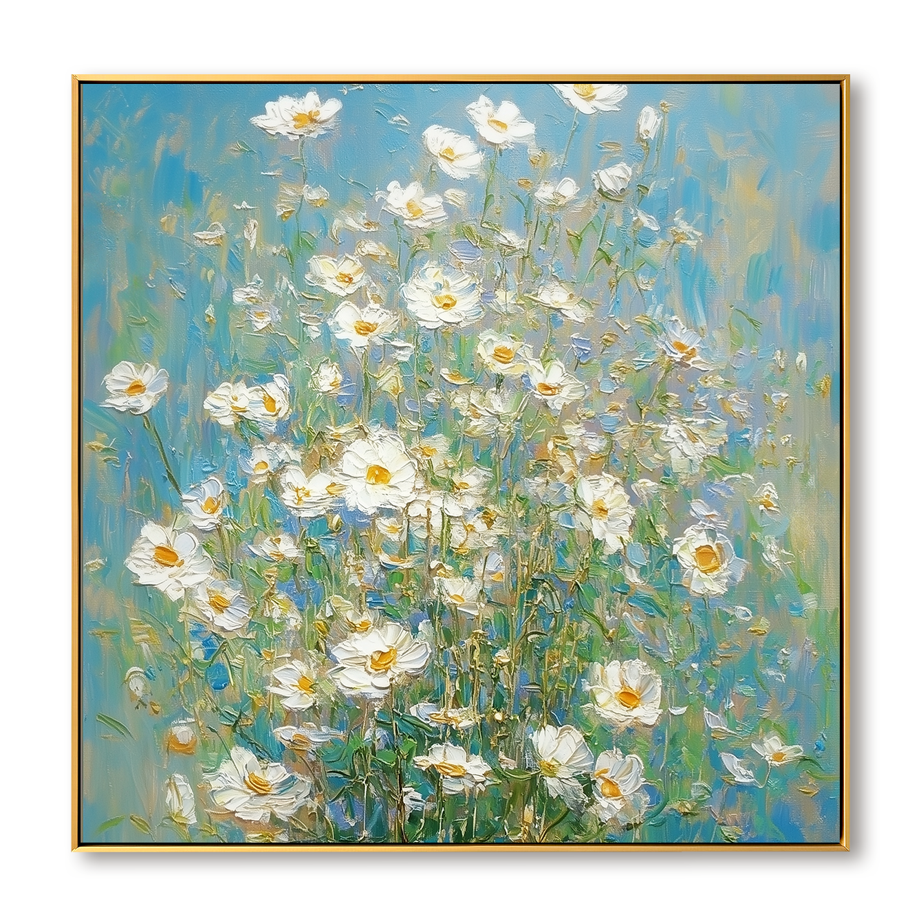 Blue Meadow Bloom – Textured Floral Wall Art, Hand-Painted White Flower Canvas for Modern Home Decor