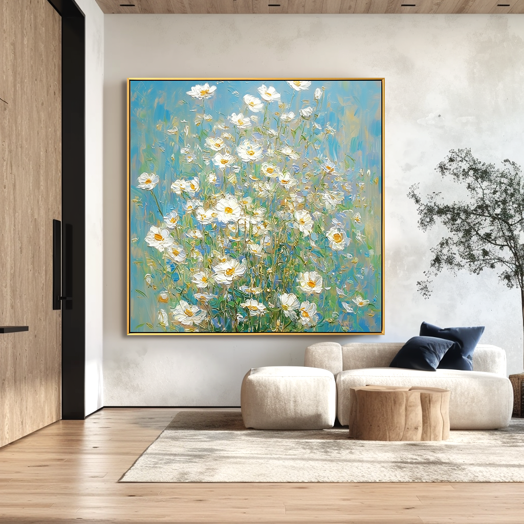 Blue Meadow Bloom – Textured Floral Wall Art, Hand-Painted White Flower Canvas for Modern Home Decor