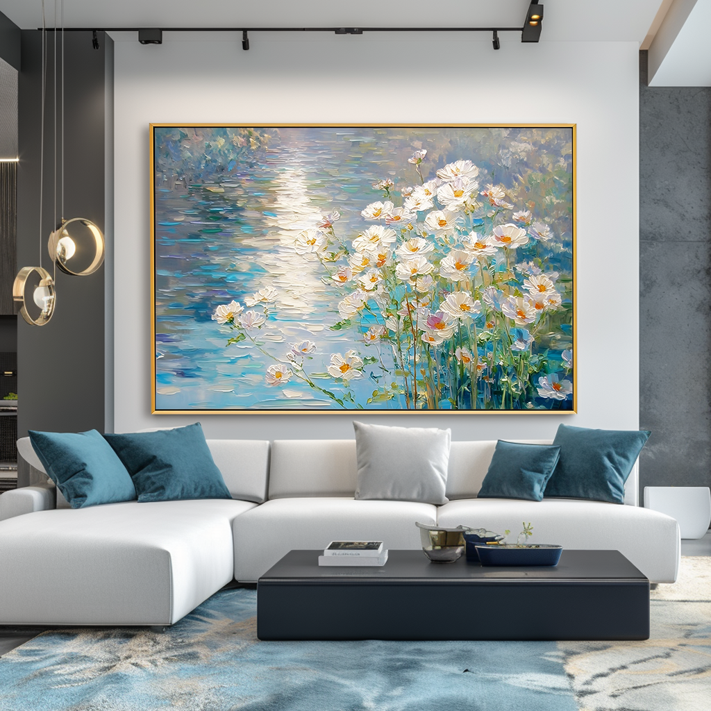 Luminous Meadow – Textured Floral Landscape Wall Art, Hand-Painted White Flower Canvas