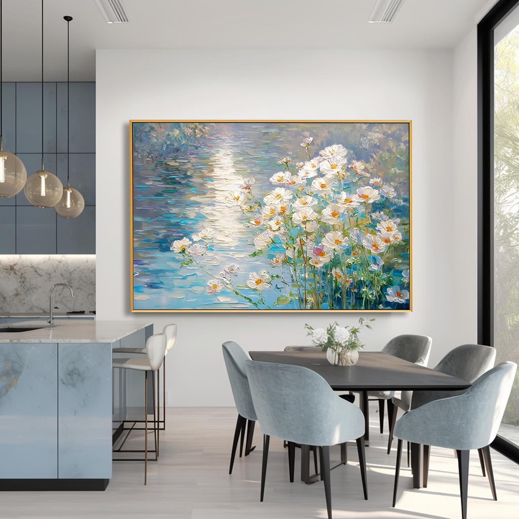 Luminous Meadow – Textured Floral Landscape Wall Art, Hand-Painted White Flower Canvas