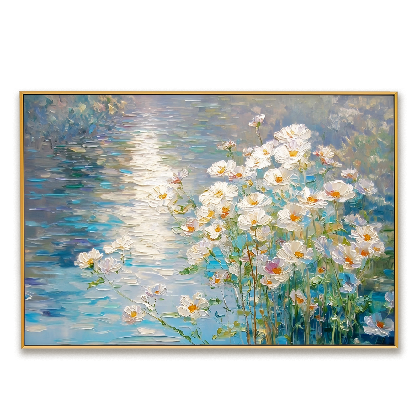 Luminous Meadow – Textured Floral Landscape Wall Art, Hand-Painted White Flower Canvas