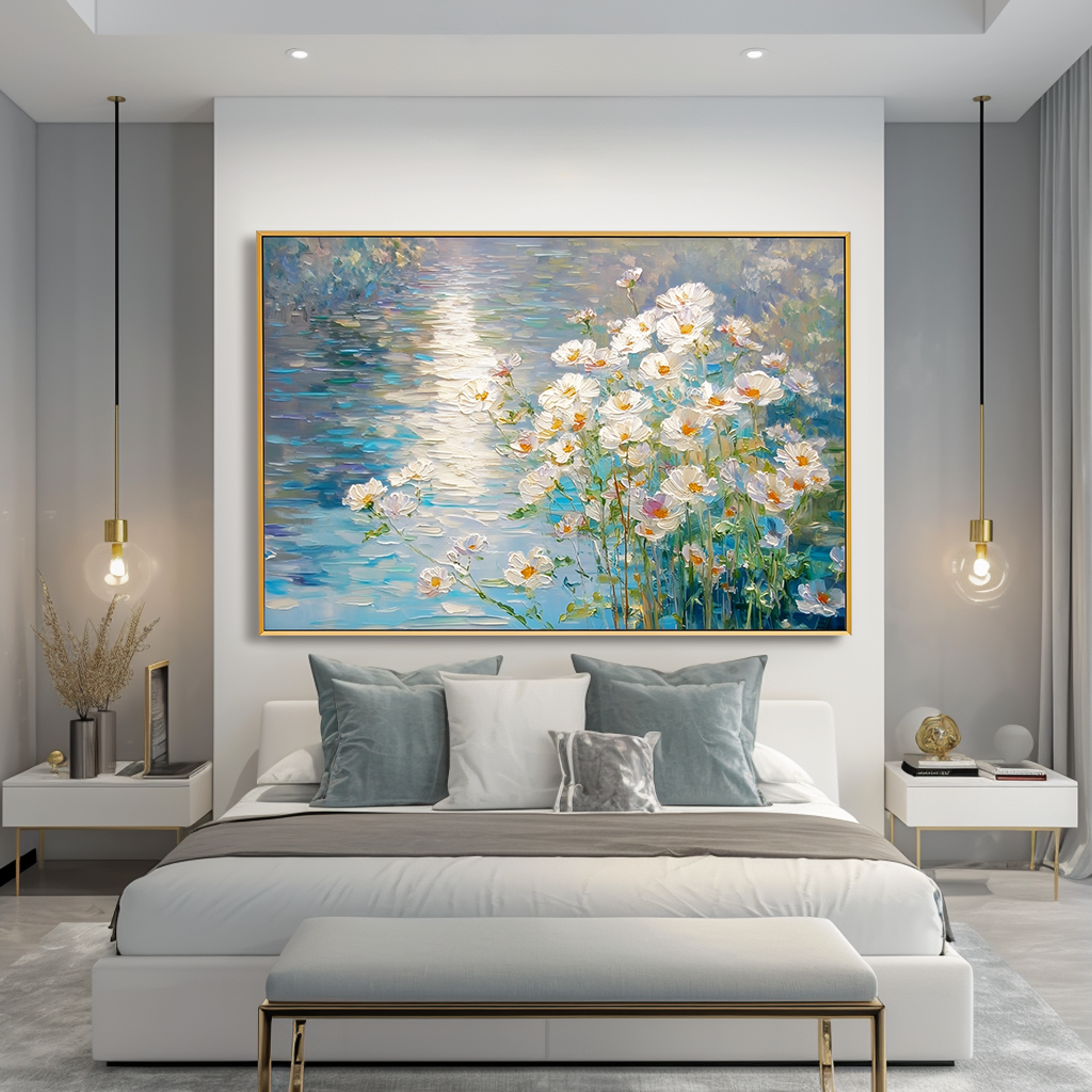 Luminous Meadow – Textured Floral Landscape Wall Art, Hand-Painted White Flower Canvas