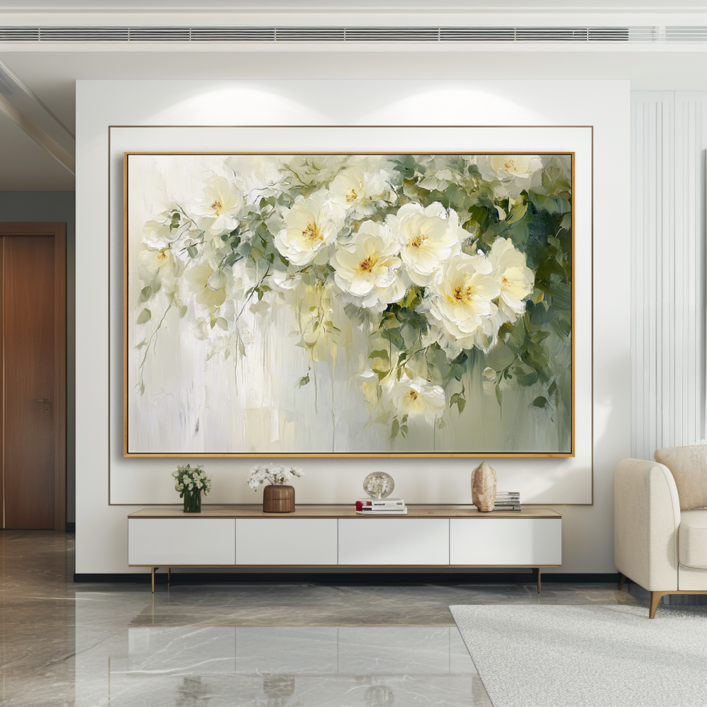 Serenity in Bloom – Hand-Painted White Floral Canvas Art