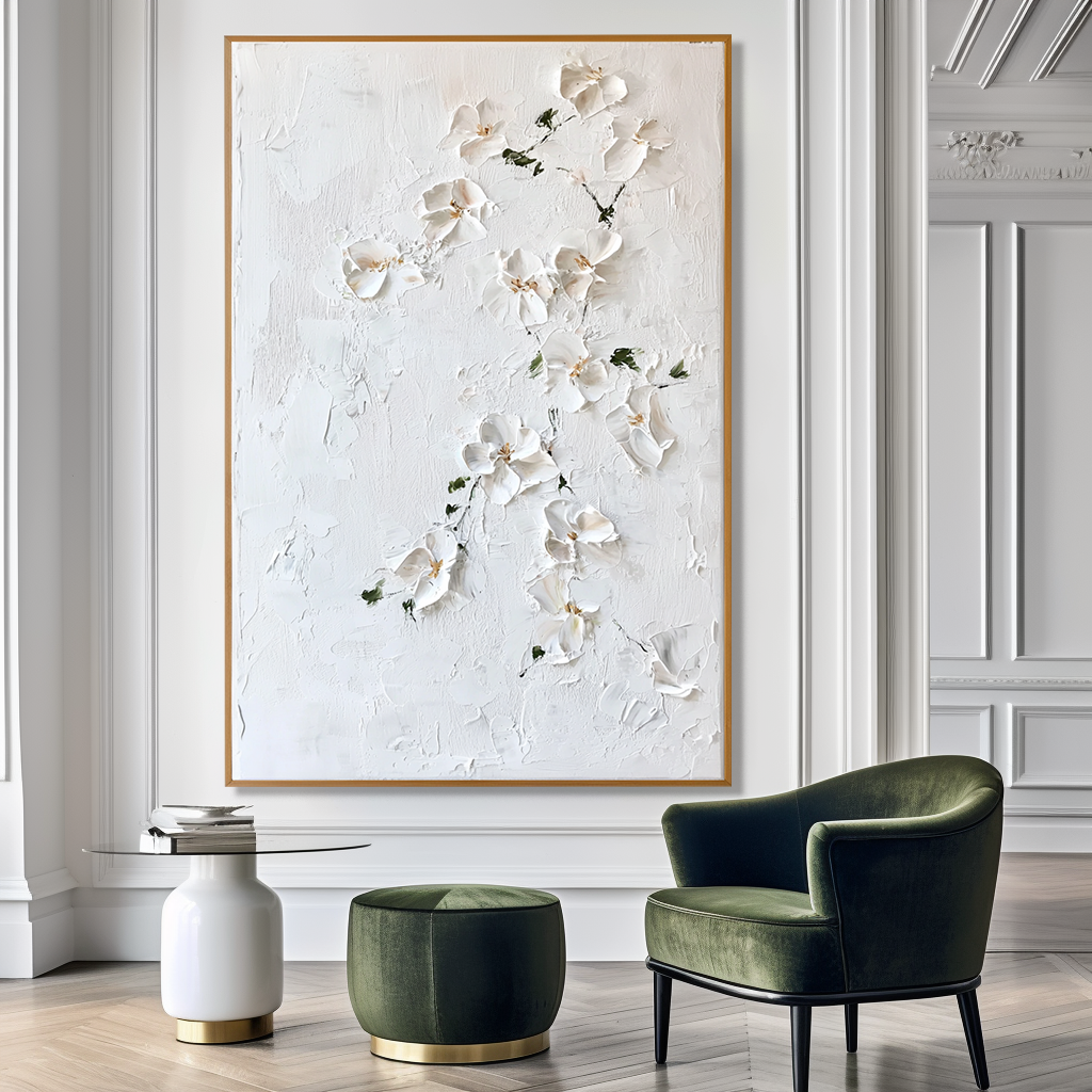 Silent Blossom – Textured Floral Wall Art, Hand-Painted White Flower Canvas for Minimalist Home Decor
