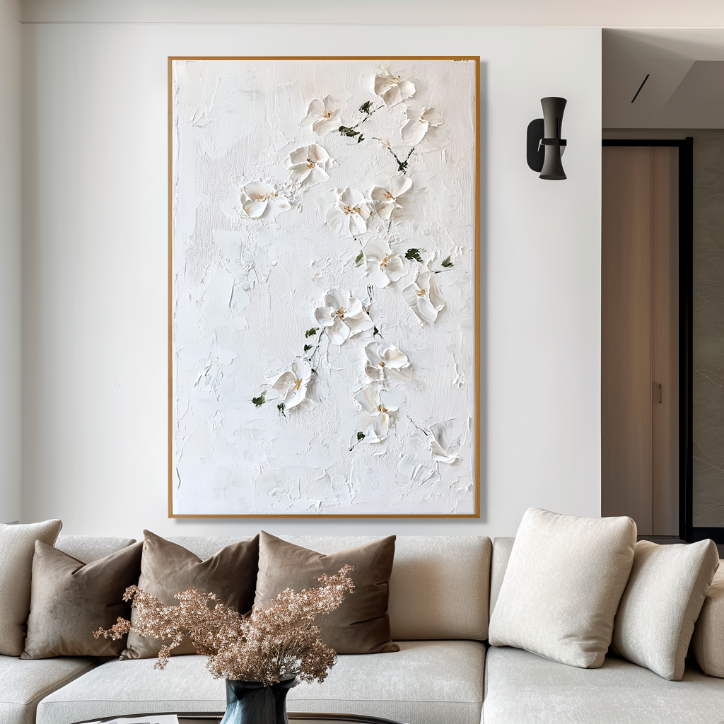 Silent Blossom – Textured Floral Wall Art, Hand-Painted White Flower Canvas for Minimalist Home Decor