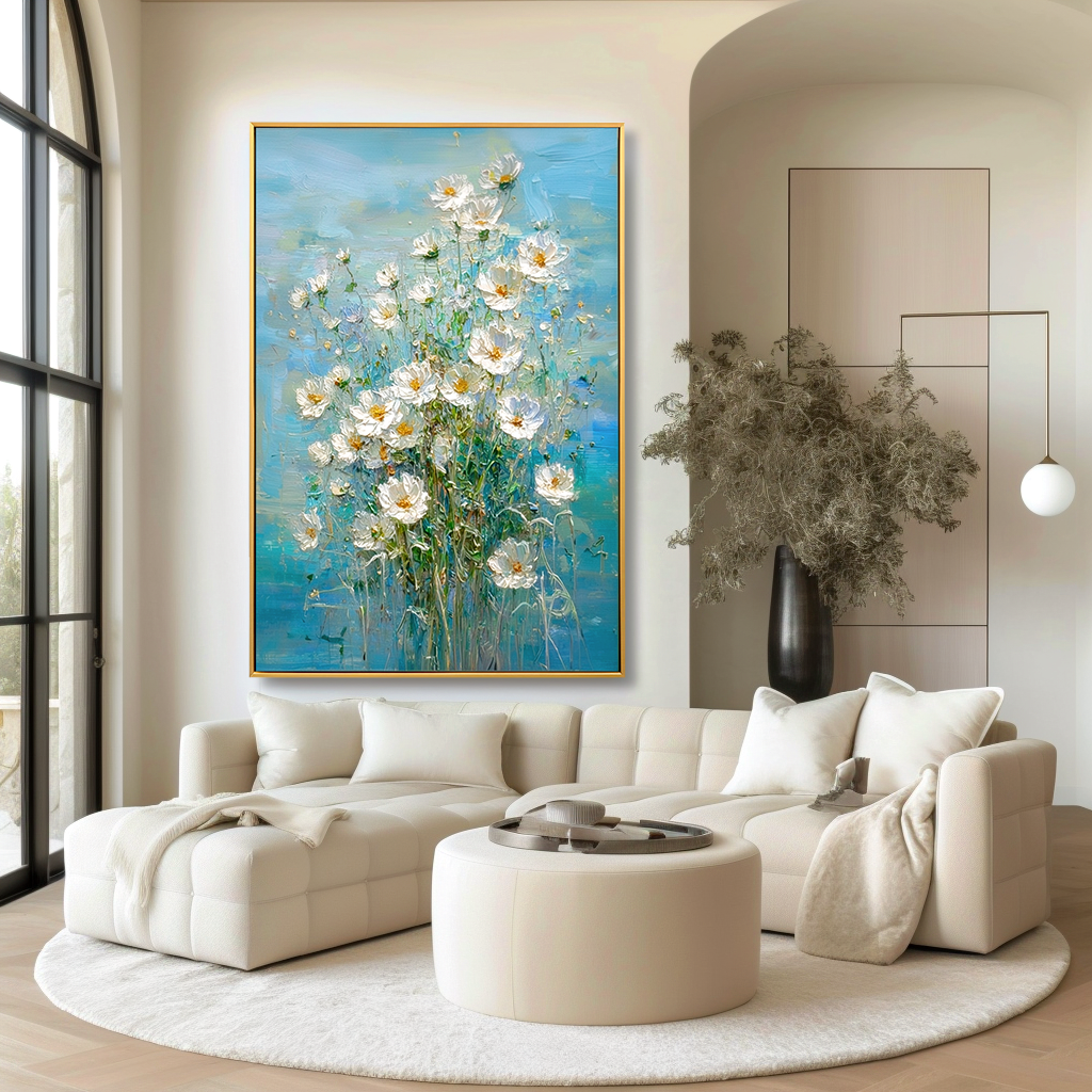 Sky Blossom – Textured Floral Wall Art, Hand-Painted White Flower Canvas for Modern Home Decor