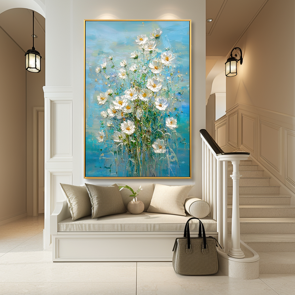 Sky Blossom – Textured Floral Wall Art, Hand-Painted White Flower Canvas for Modern Home Decor