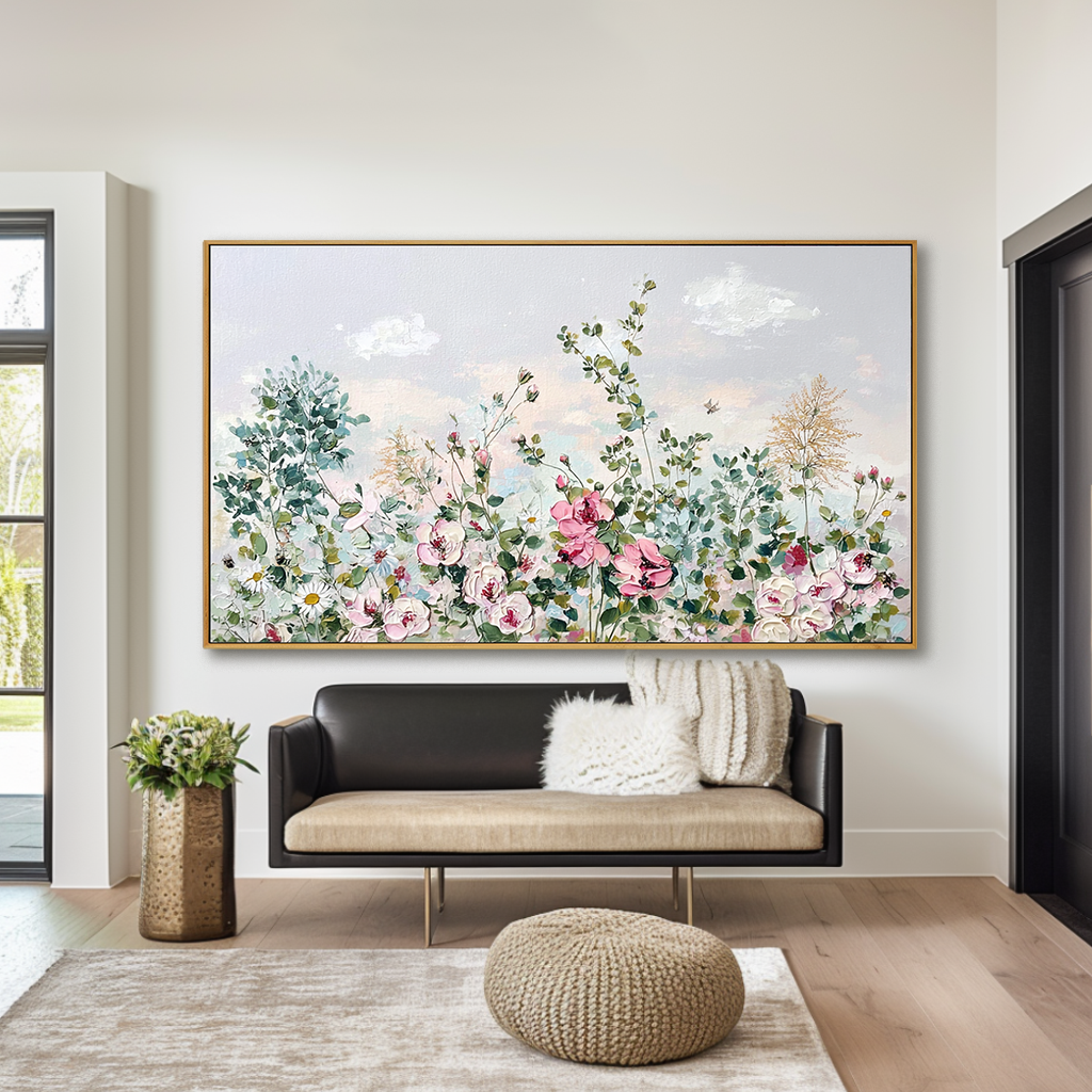 Floral Bliss – Textured Oil Painting, Soft Pink Floral Wall Art, Abstract Flower Design for Living Room, Fine Art Home Decor