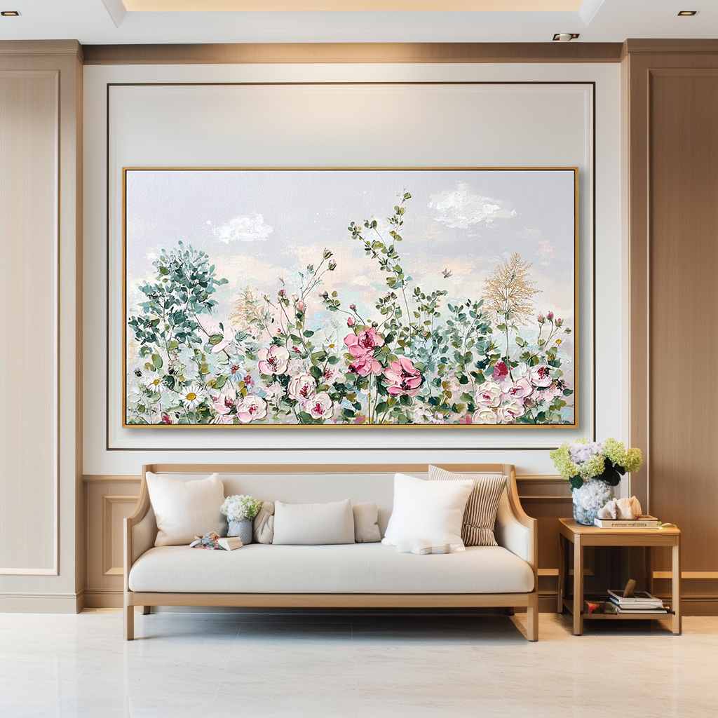 Floral Bliss – Textured Oil Painting, Soft Pink Floral Wall Art, Abstract Flower Design for Living Room, Fine Art Home Decor