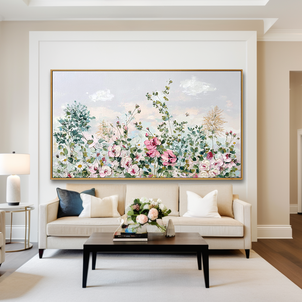 Floral Bliss – Textured Oil Painting, Soft Pink Floral Wall Art, Abstract Flower Design for Living Room, Fine Art Home Decor