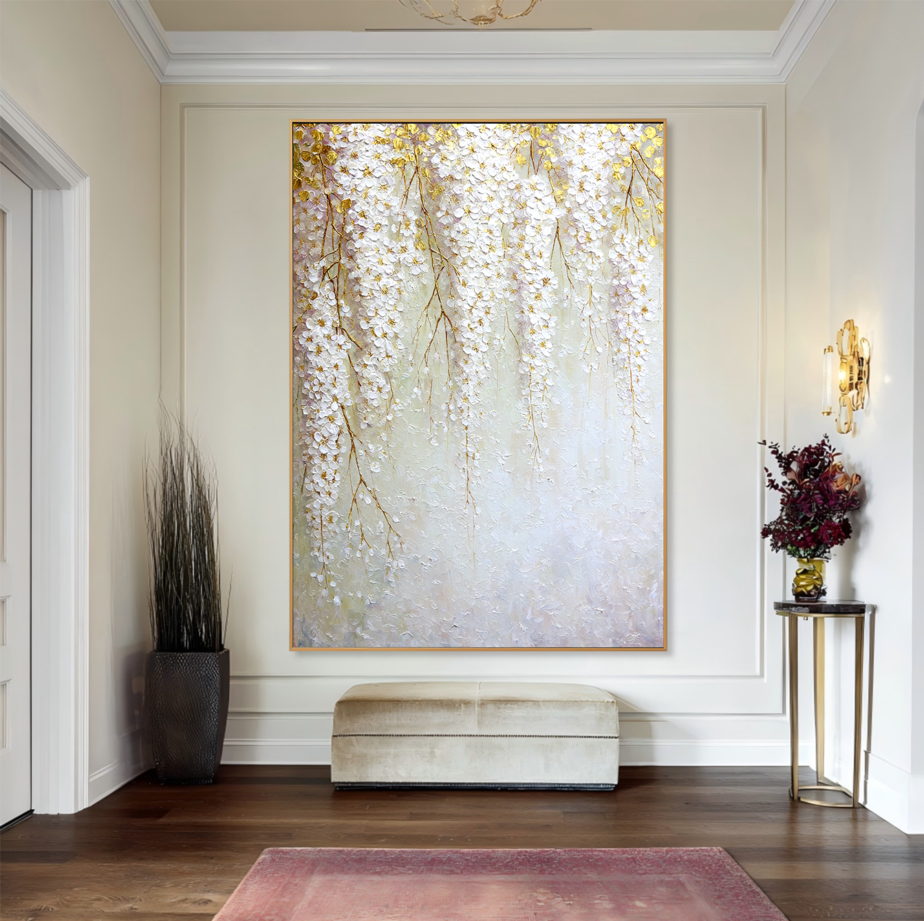 Golden Blossom Cascade – Textured White Floral Oil Painting