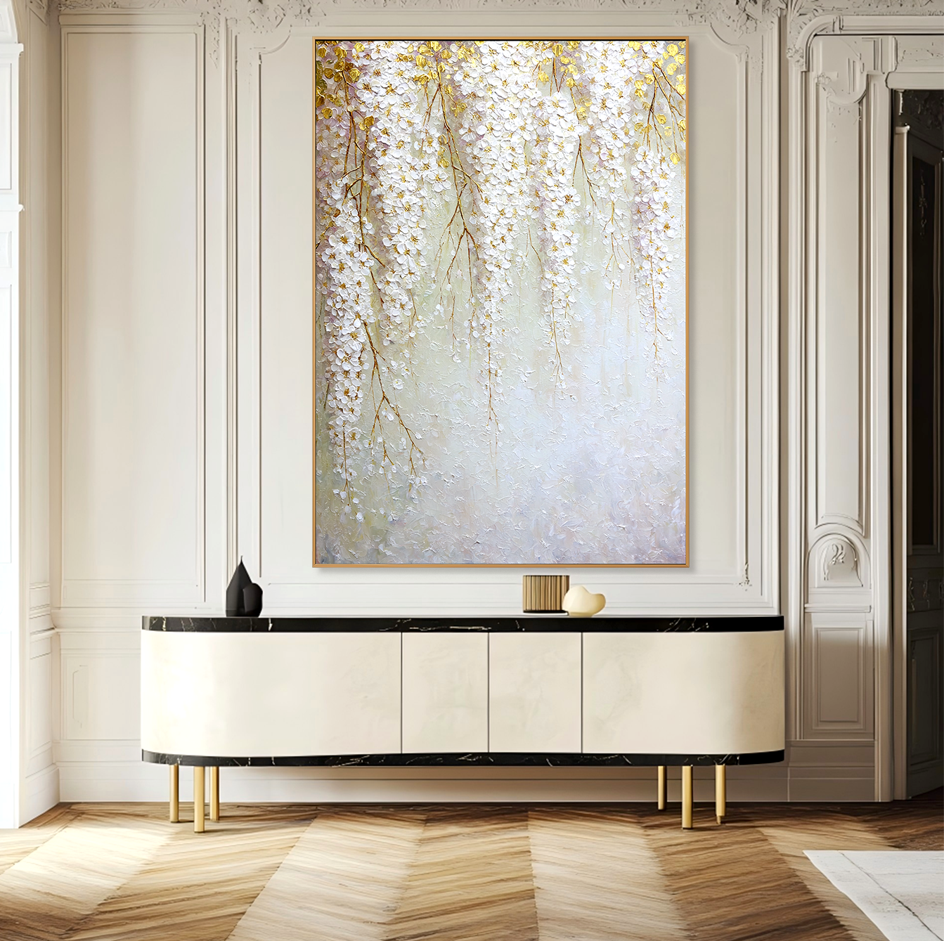 Golden Blossom Cascade – Textured White Floral Oil Painting
