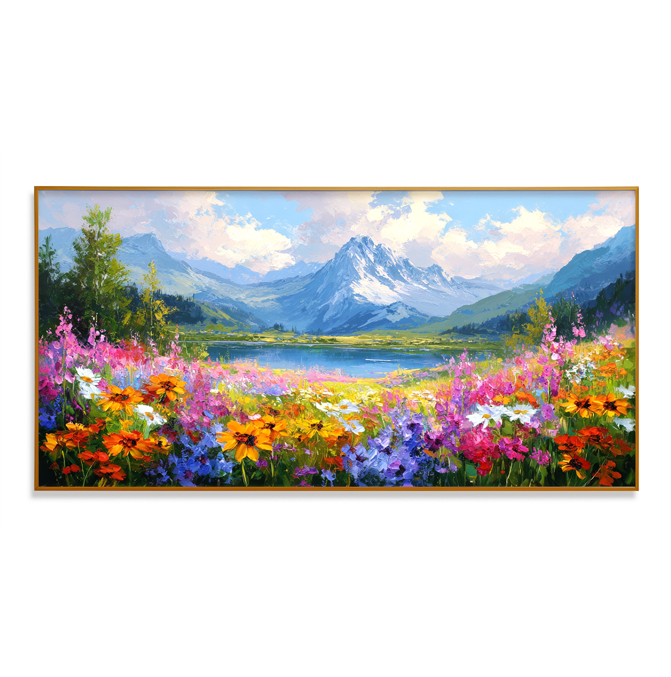 Alpine Bloom Horizon - Panoramic Mountain Lake Flower Field Oil Painting