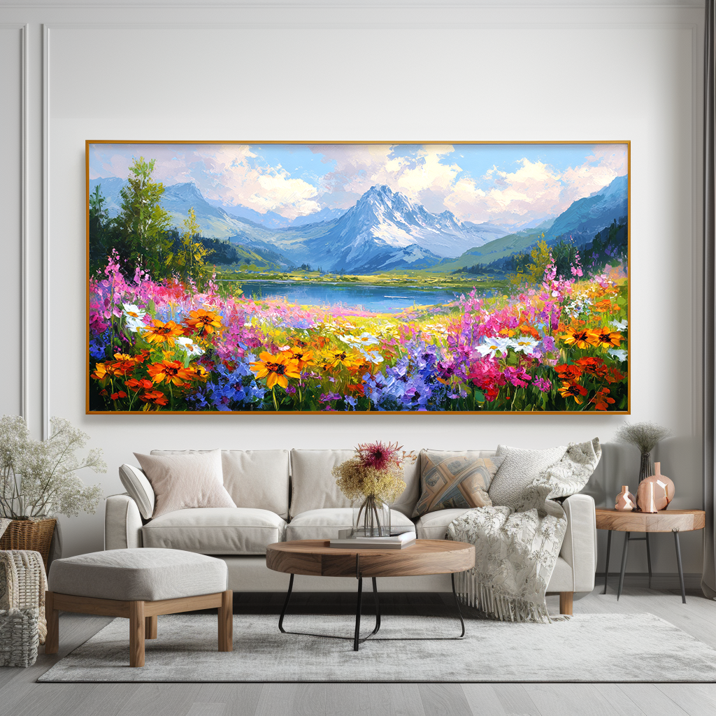 Alpine Bloom Horizon - Panoramic Mountain Lake Flower Field Oil Painting