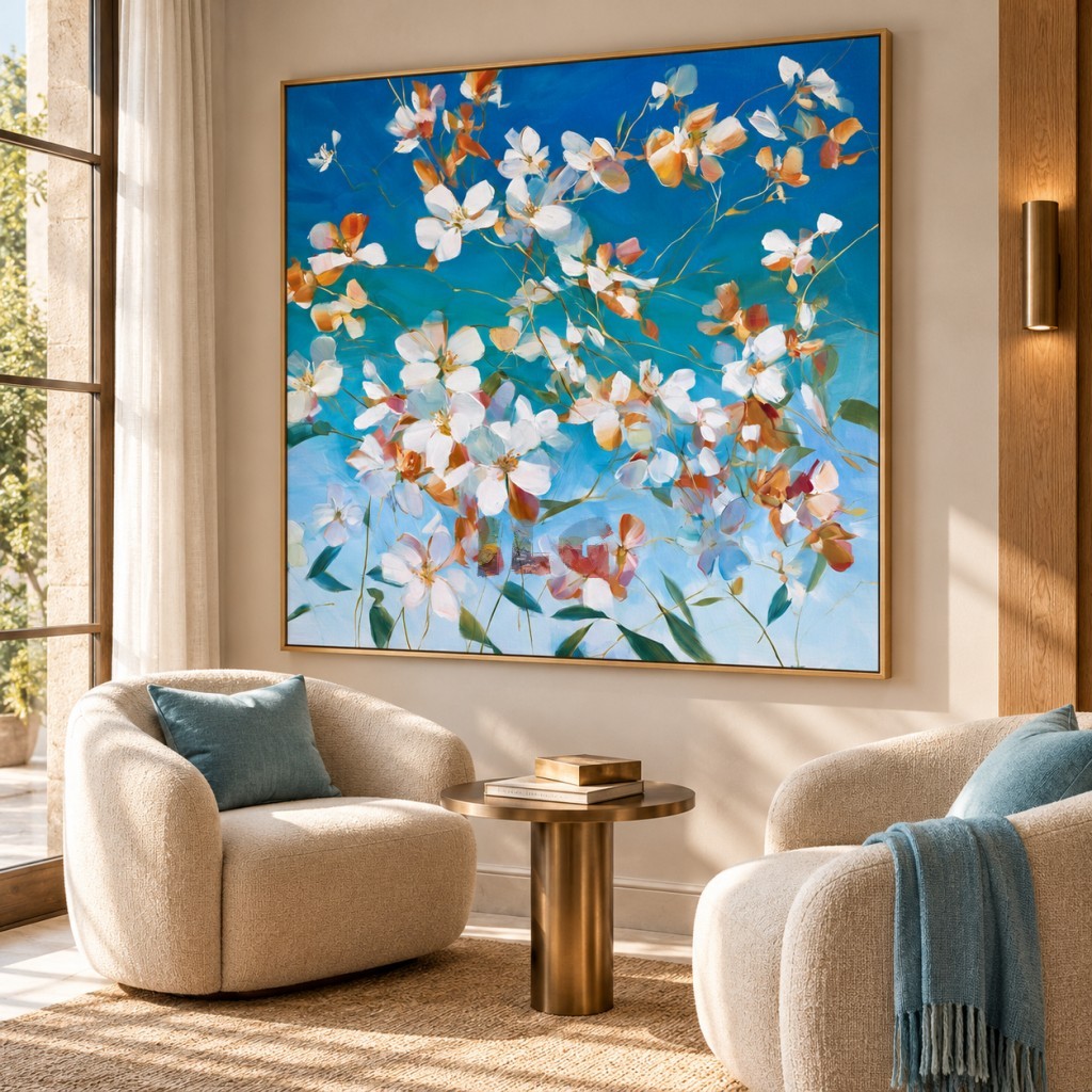 Azure Blossom Reverie – Blue and White Floral Abstract Wall Art
