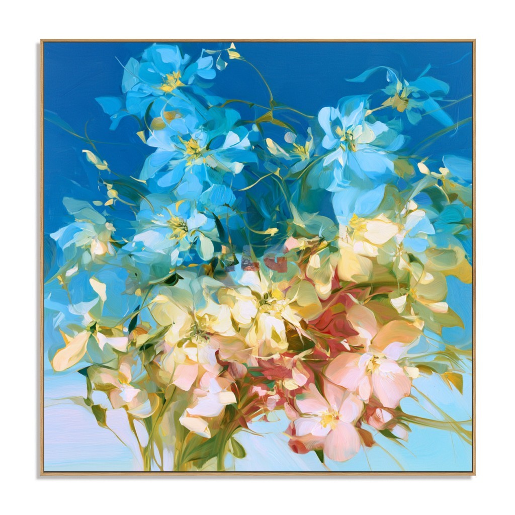 Azure Petal Symphony – Blue and Blush Pink Floral Abstract Wall Art