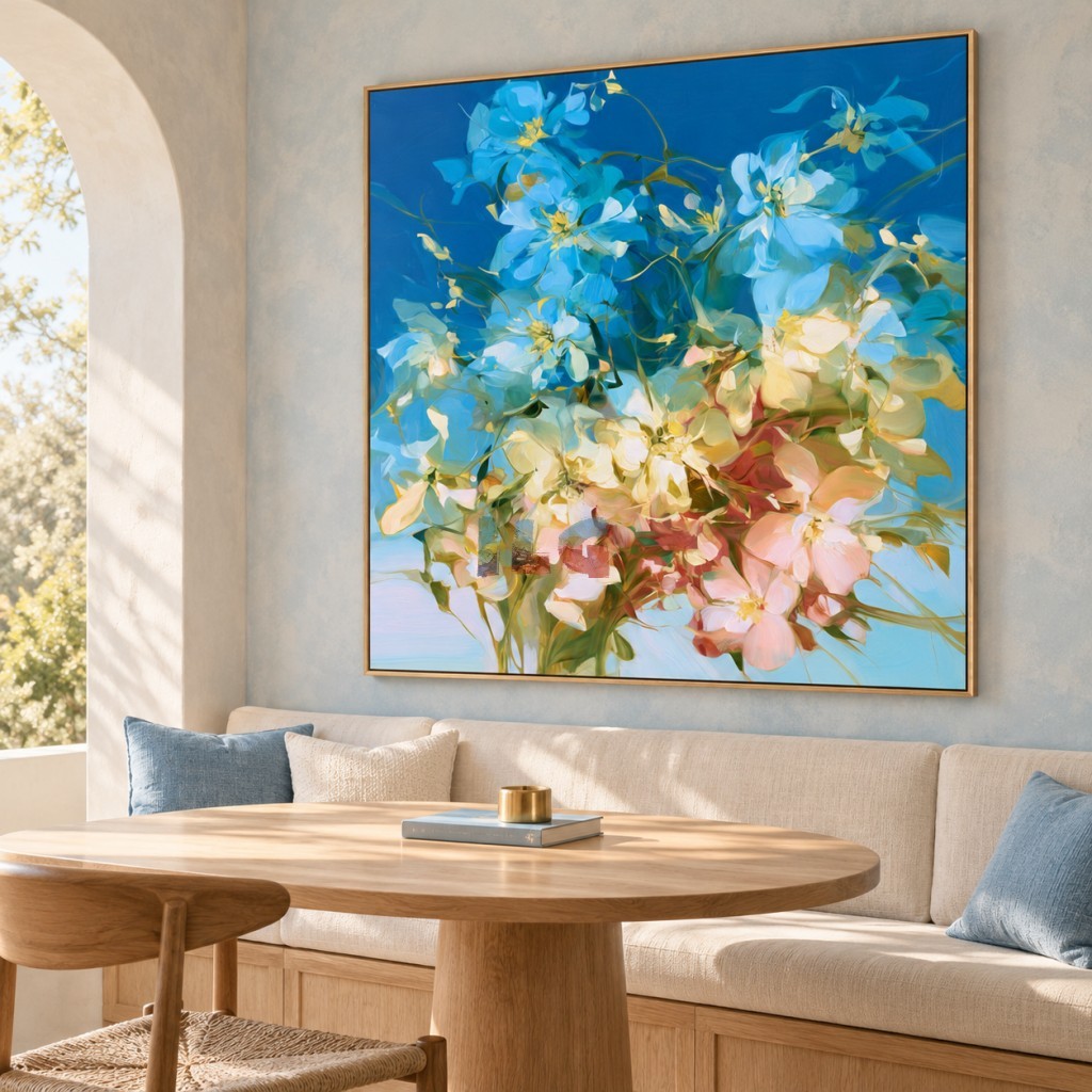 Azure Petal Symphony – Blue and Blush Pink Floral Abstract Wall Art