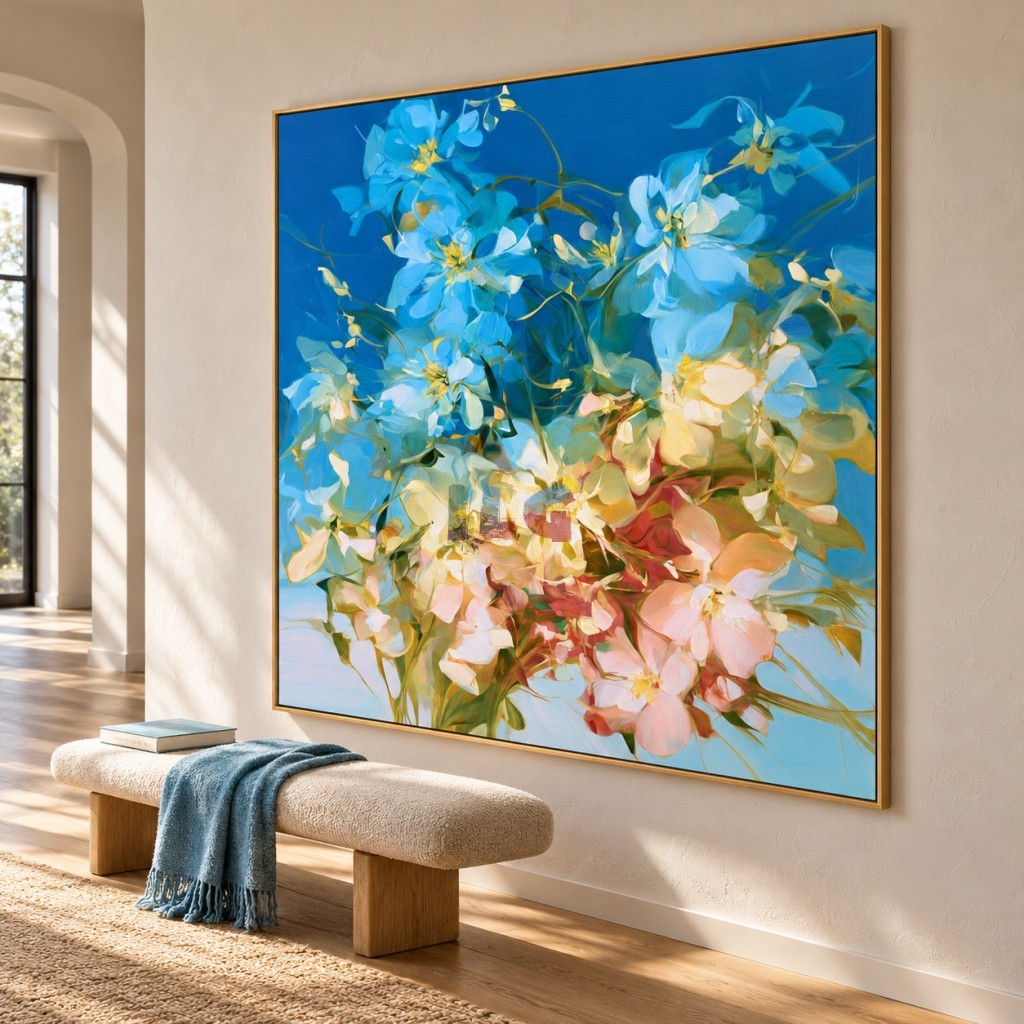 Azure Petal Symphony – Blue and Blush Pink Floral Abstract Wall Art