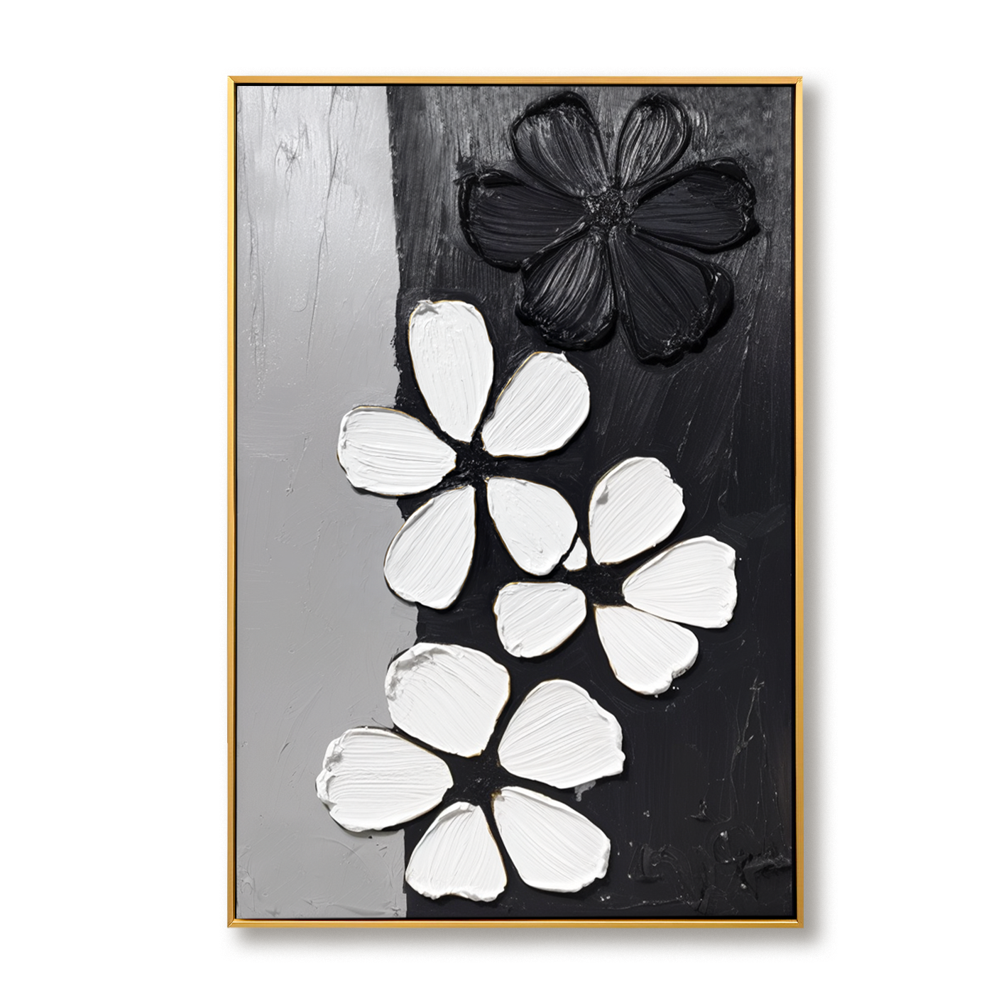 Black White Textured Flower Wall Art – Hand-Painted Minimalist Floral Canvas for Modern Decor