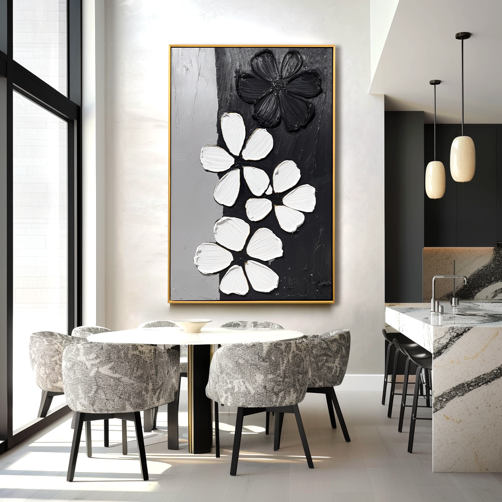 Black White Textured Flower Wall Art – Hand-Painted Minimalist Floral Canvas for Modern Decor