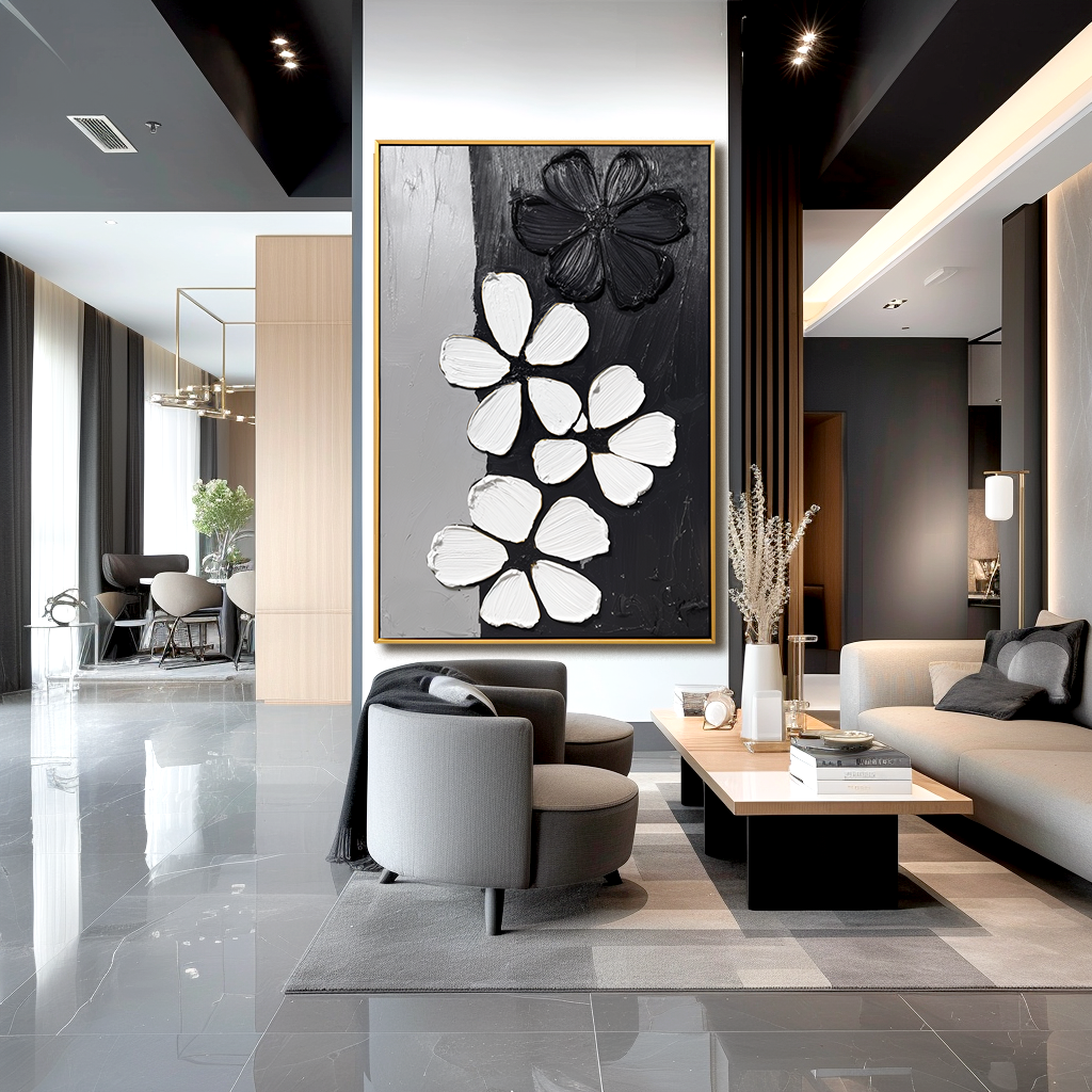 Black White Textured Flower Wall Art – Hand-Painted Minimalist Floral Canvas for Modern Decor