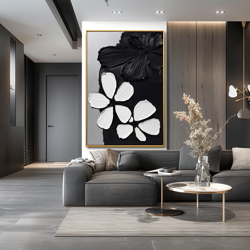 Black & White Textured Flower Wall Art – Hand-Painted Minimalist Floral Canvas for Modern Home Decor