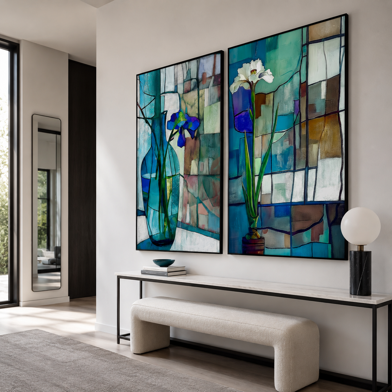 Blue Glass Garden – Floral Stained Art Wall Set