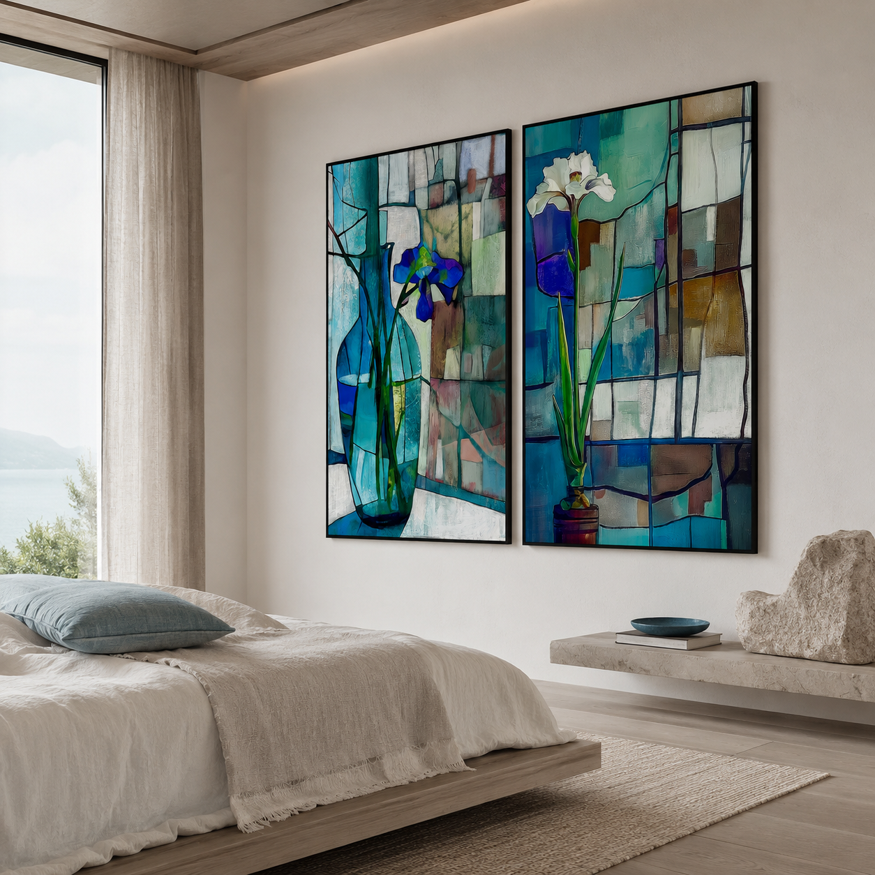 Blue Glass Garden – Floral Stained Art Wall Set
