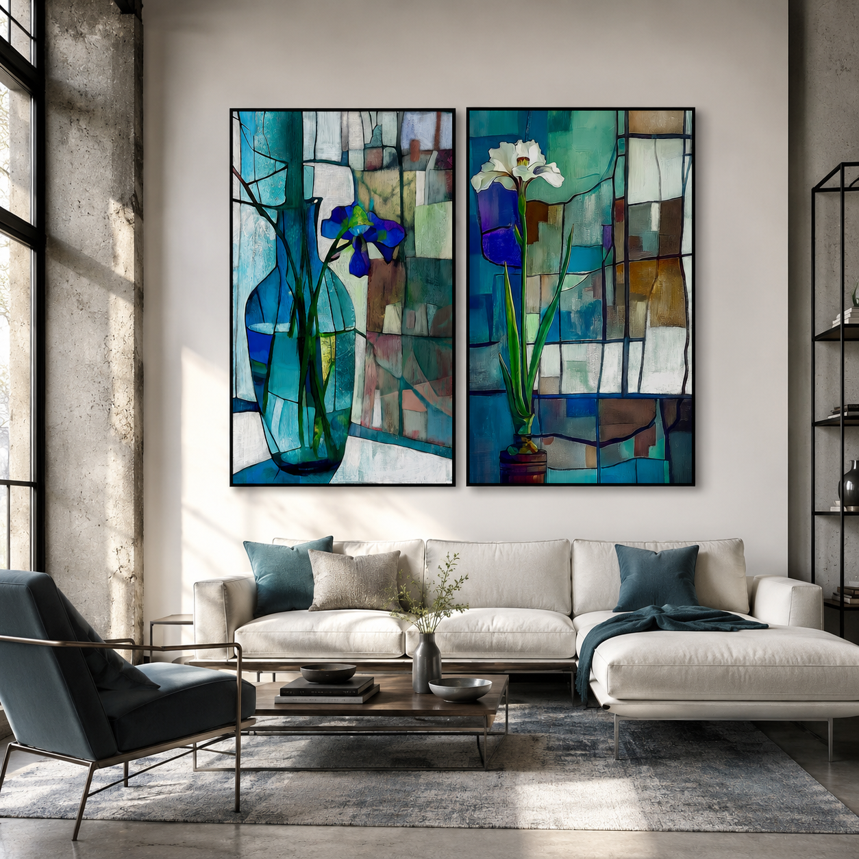Blue Glass Garden – Floral Stained Art Wall Set
