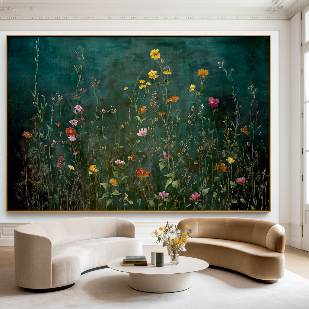 Emerald Meadow Horizon Panoramic Floral Wall Art Hand Painted Wildflower Canvas for Living Room