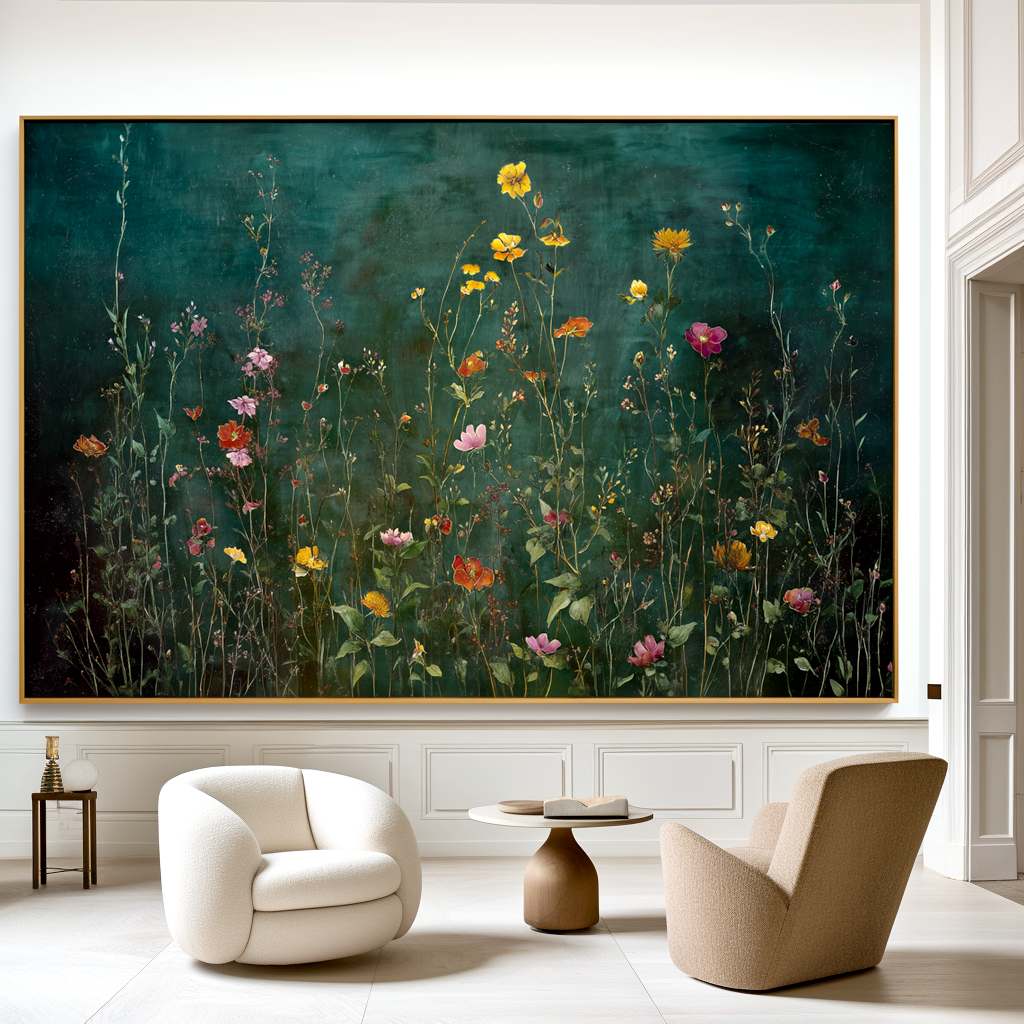 Emerald Meadow Horizon Panoramic Floral Wall Art Hand Painted Wildflower Canvas for Living Room