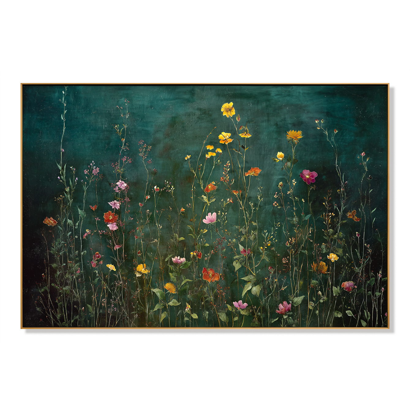Emerald Meadow Horizon Panoramic Floral Wall Art Hand Painted Wildflower Canvas for Living Room