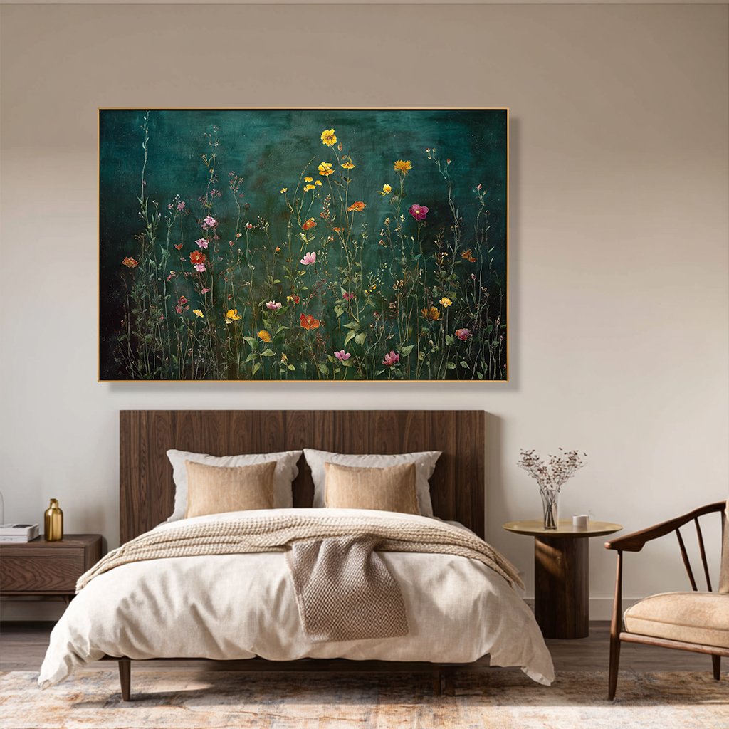 Emerald Meadow Horizon Panoramic Floral Wall Art Hand Painted Wildflower Canvas for Living Room