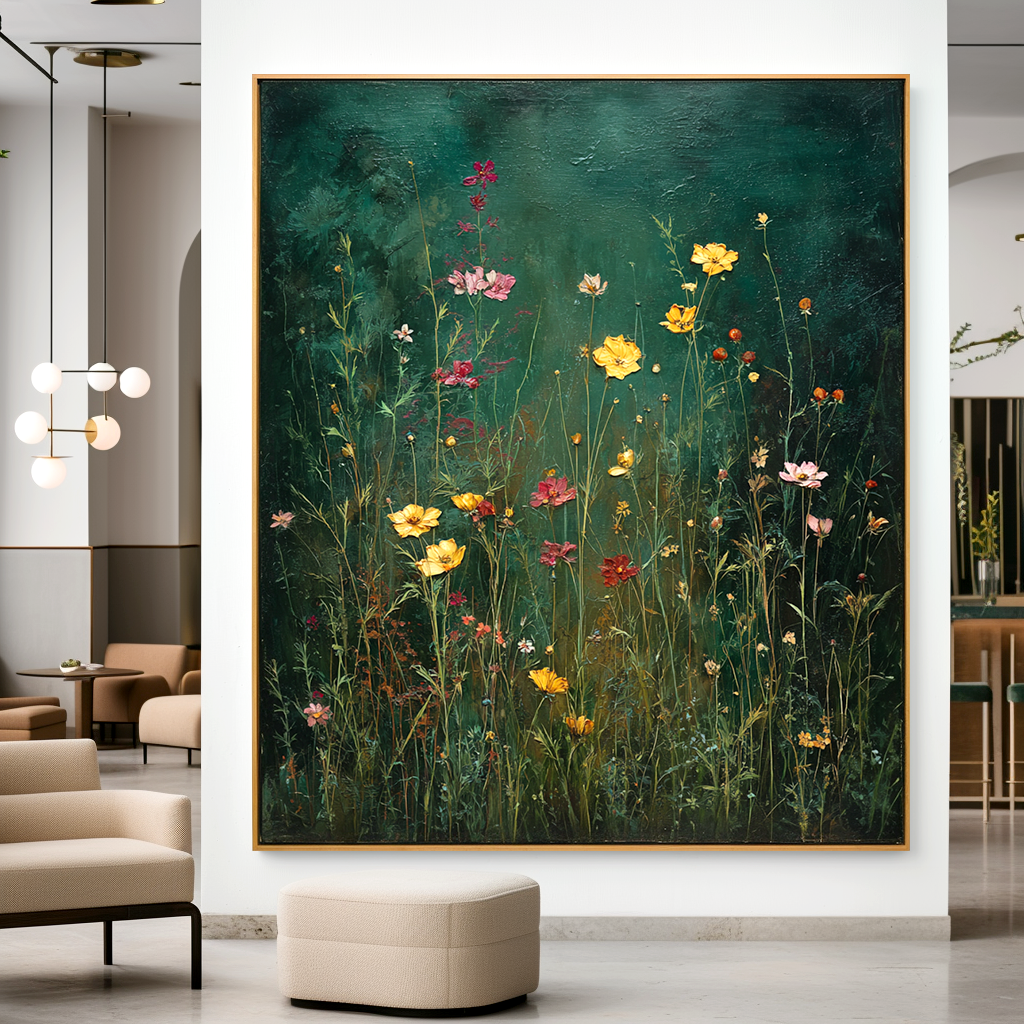 Emerald Stillness – Textured Floral Wall Art, Hand-Painted Wildflower Canvas for Modern Home Decor