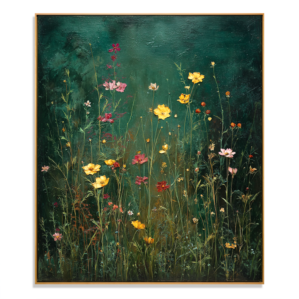 Textured Floral Wall Art, Hand-Painted Wildflower Canvas, Dark Green ...