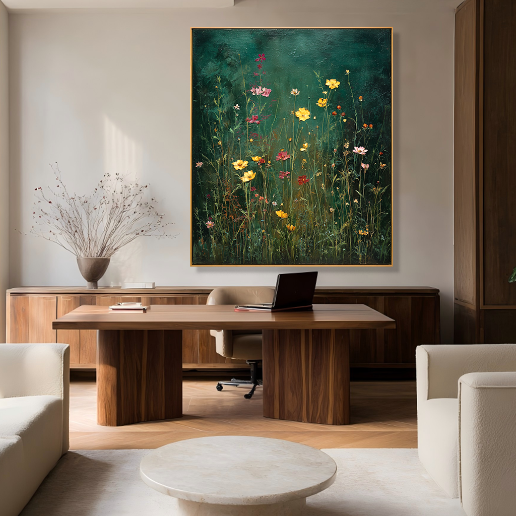 Emerald Stillness – Textured Floral Wall Art, Hand-Painted Wildflower Canvas for Modern Home Decor