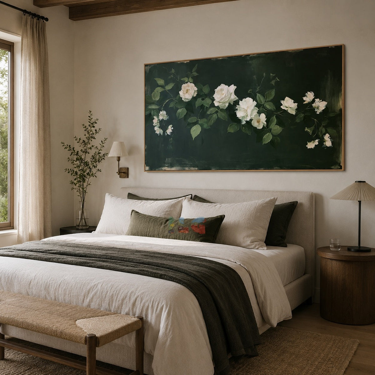 Emerald White Rose Trail – Floral Wall Art