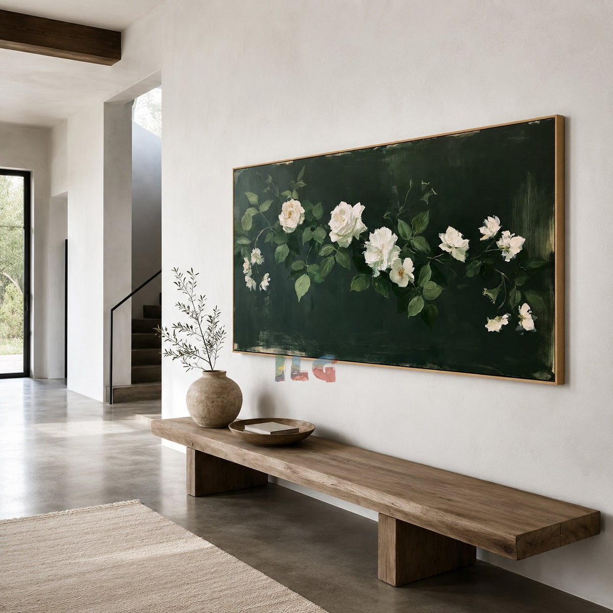 Emerald White Rose Trail – Floral Wall Art