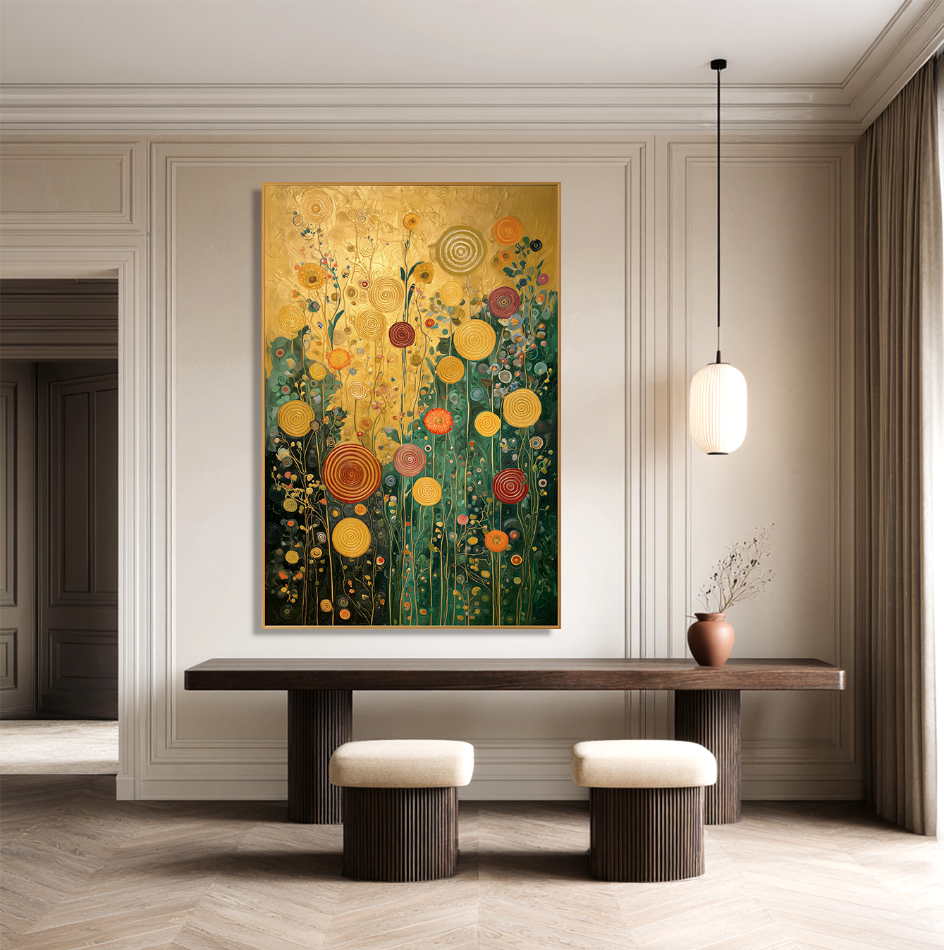 Golden Circles – Textured Floral Wall Art, Hand-Painted Gold and Green Canvas for Luxury Home Decor